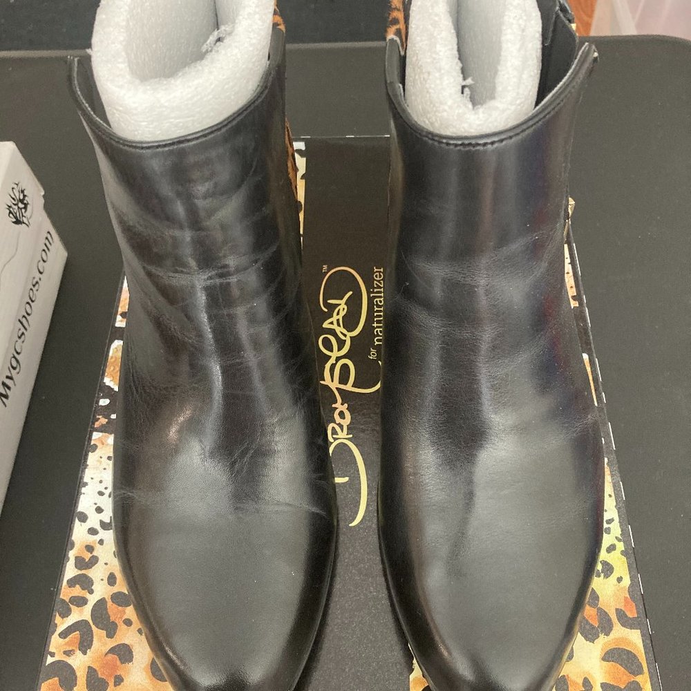 Black Ankle Boots with Leopard Print Trim.